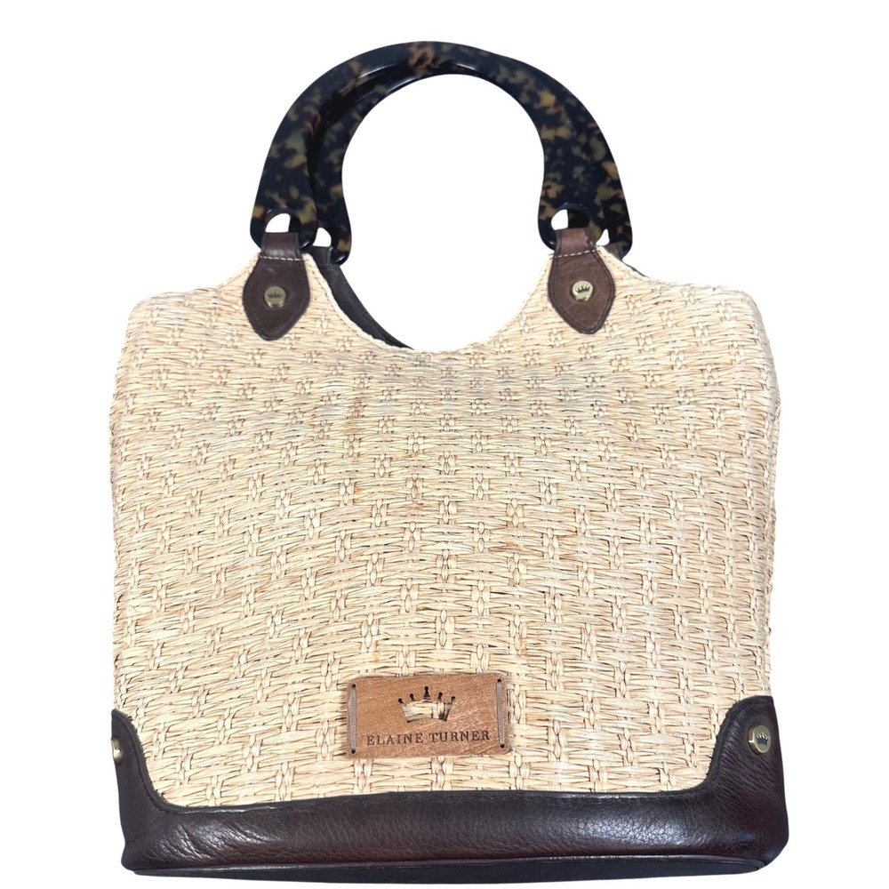 Elaine Turner Woven Straw Leather Handbag Brown‎ Tortoise Handle